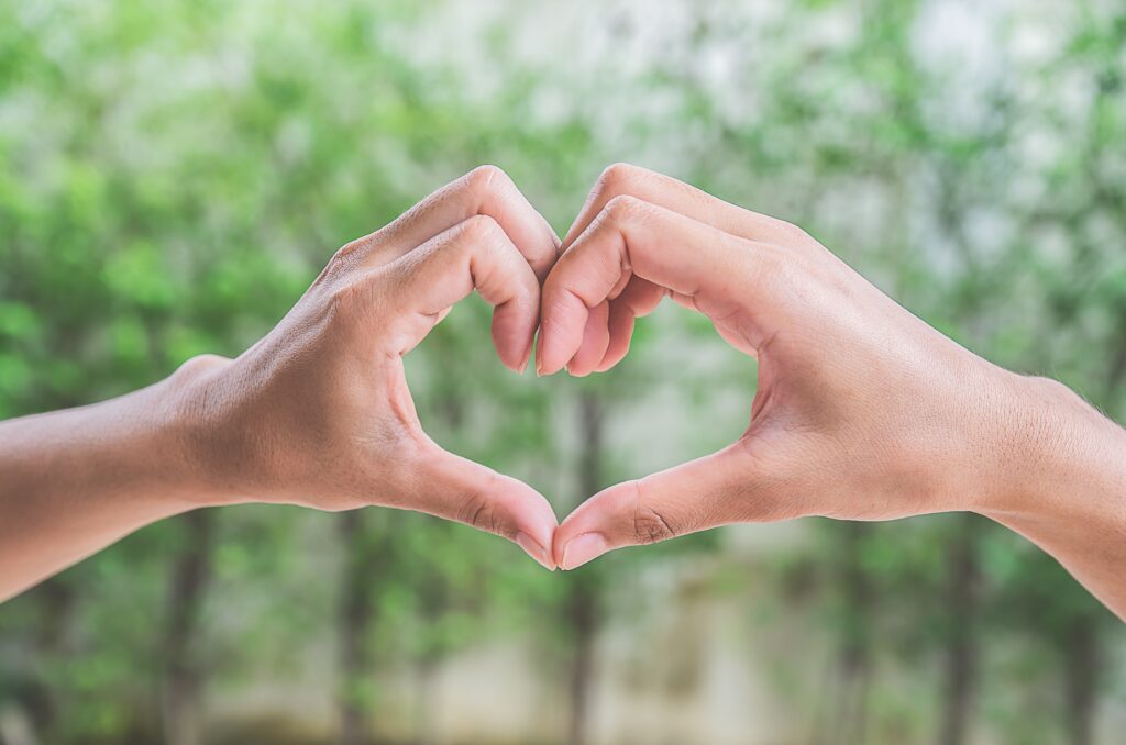 Female hands in form of heart on green background